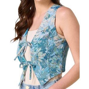 NWT STOOSH blue floral tapestry retro tie front cropped granny vest S